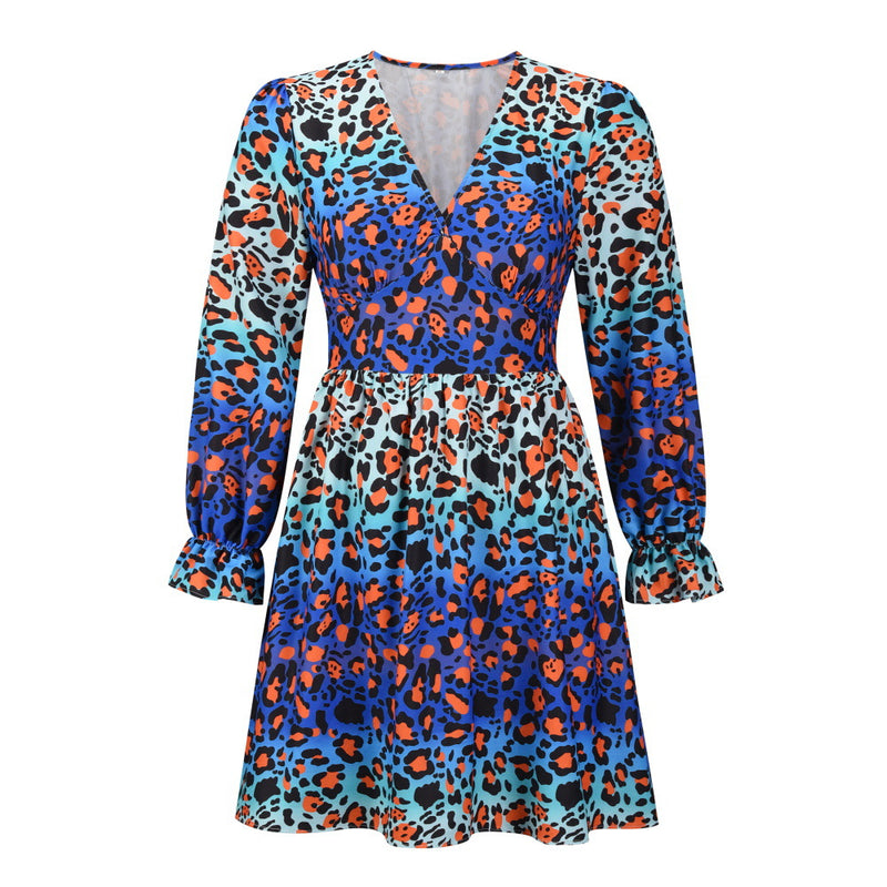 Women's V-Neck Leopard Gradient Print Long Sleeve Dress