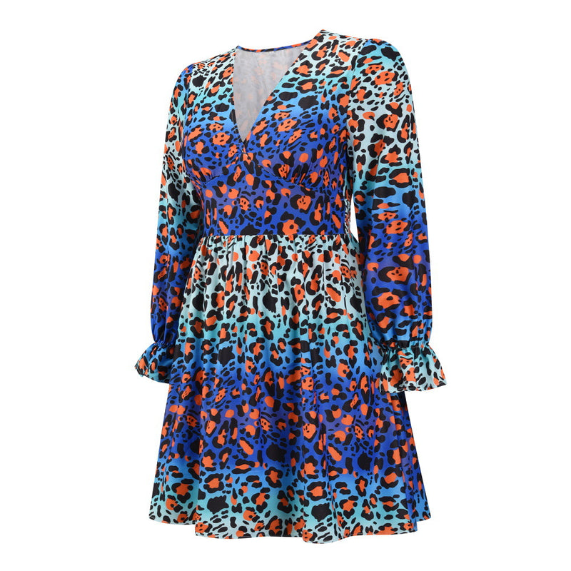 Women's V-Neck Leopard Gradient Print Long Sleeve Dress