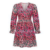 Women's V-Neck Leopard Gradient Print Long Sleeve Dress