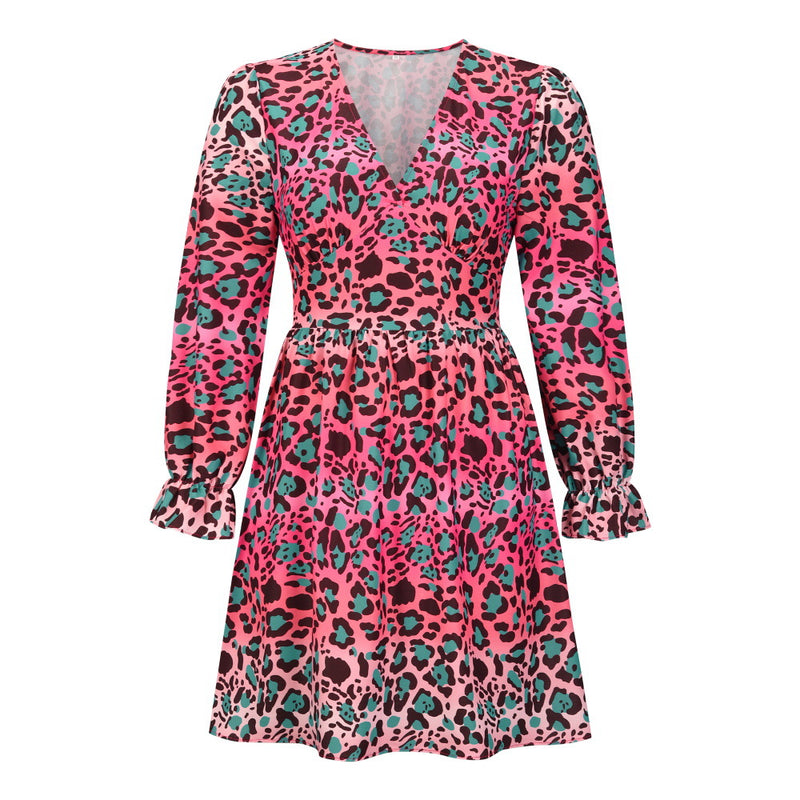 Women's V-Neck Leopard Gradient Print Long Sleeve Dress