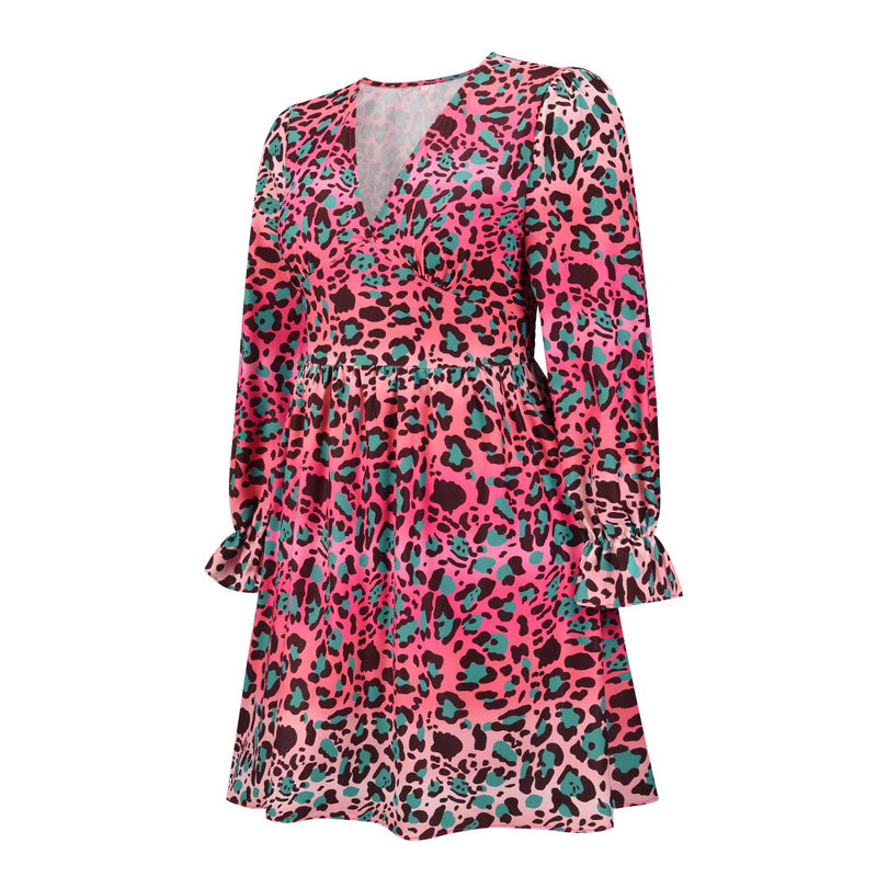 Women's V-Neck Leopard Gradient Print Long Sleeve Dress