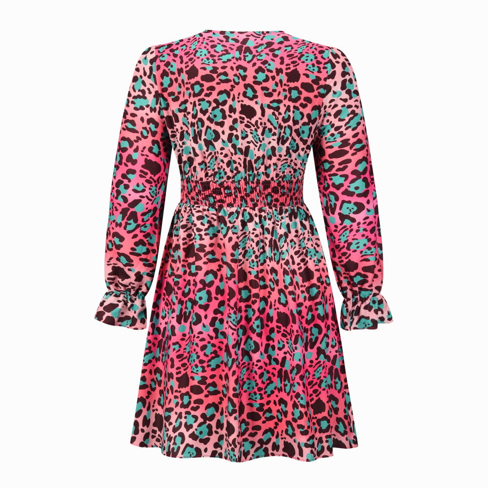 Women's V-Neck Leopard Gradient Print Long Sleeve Dress