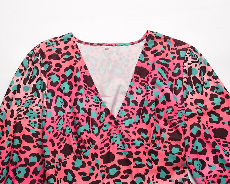 Women's V-Neck Leopard Gradient Print Long Sleeve Dress