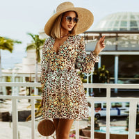 Women's V-Neck Leopard Gradient Print Long Sleeve Dress