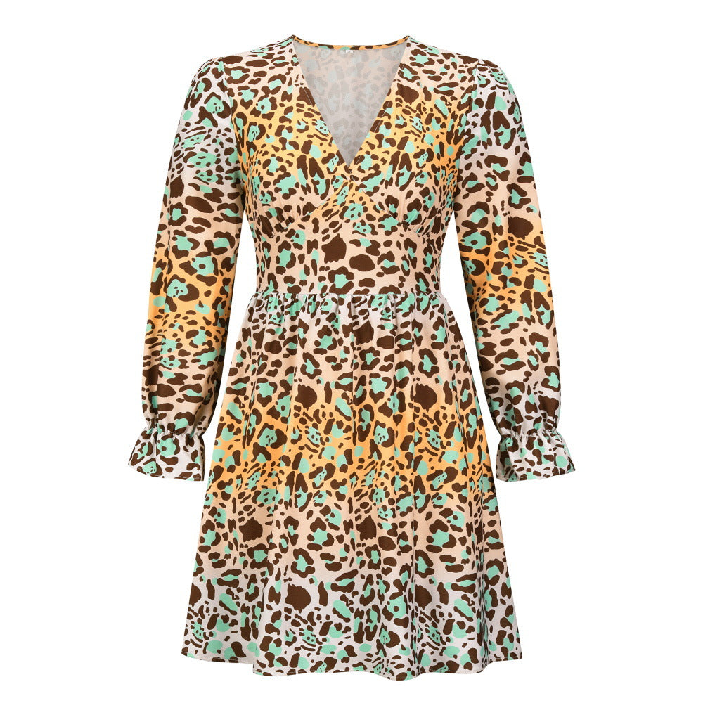 Women's V-Neck Leopard Gradient Print Long Sleeve Dress