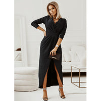 Women's V-neck Scatter Gold Dress Long-Sleeved Slit Waist Maxi Dress