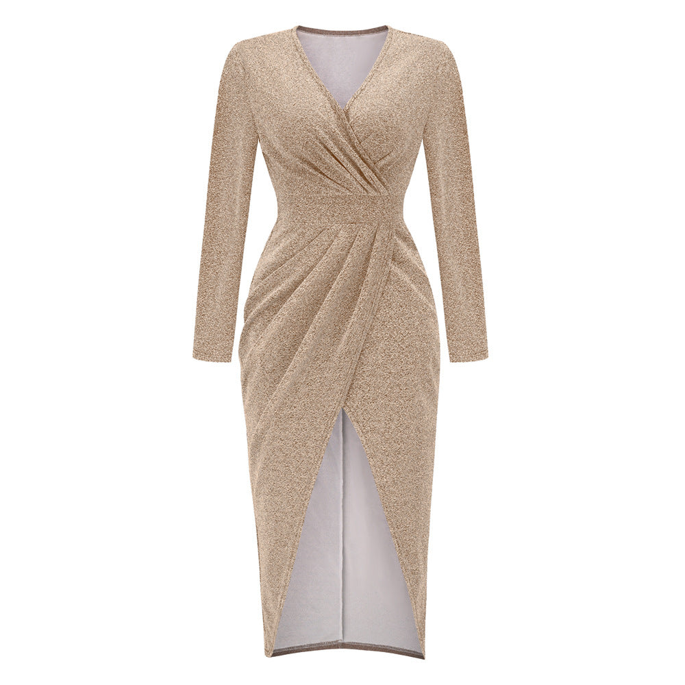 Women's V-neck Scatter Gold Dress Long-Sleeved Slit Waist Maxi Dress