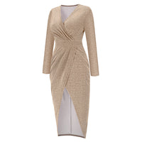 Women's V-neck Scatter Gold Dress Long-Sleeved Slit Waist Maxi Dress