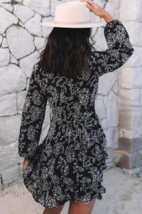 Women's V Neck Baggy Long Sleeve Waist Tie Double Layer Ruffle Hem Dotted Print Short Dress