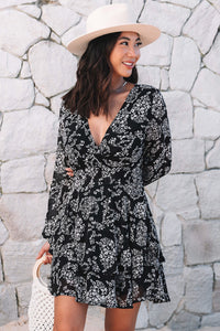 Women's V Neck Baggy Long Sleeve Waist Tie Double Layer Ruffle Hem Dotted Print Short Dress