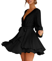 Women's V Neck Cross Strap Long Sleeve Waist Tie Ruffle Slimming Casual Swing Skater Dress