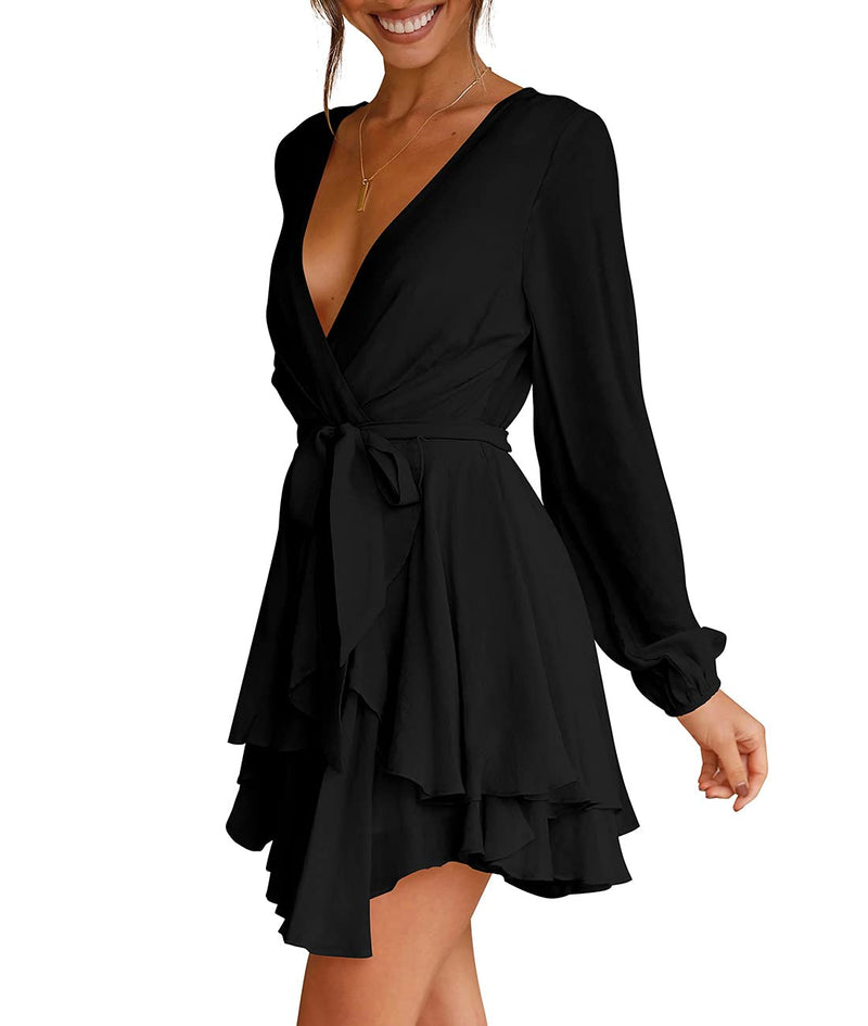 Women's V Neck Cross Strap Long Sleeve Waist Tie Ruffle Slimming Casual Swing Skater Dress