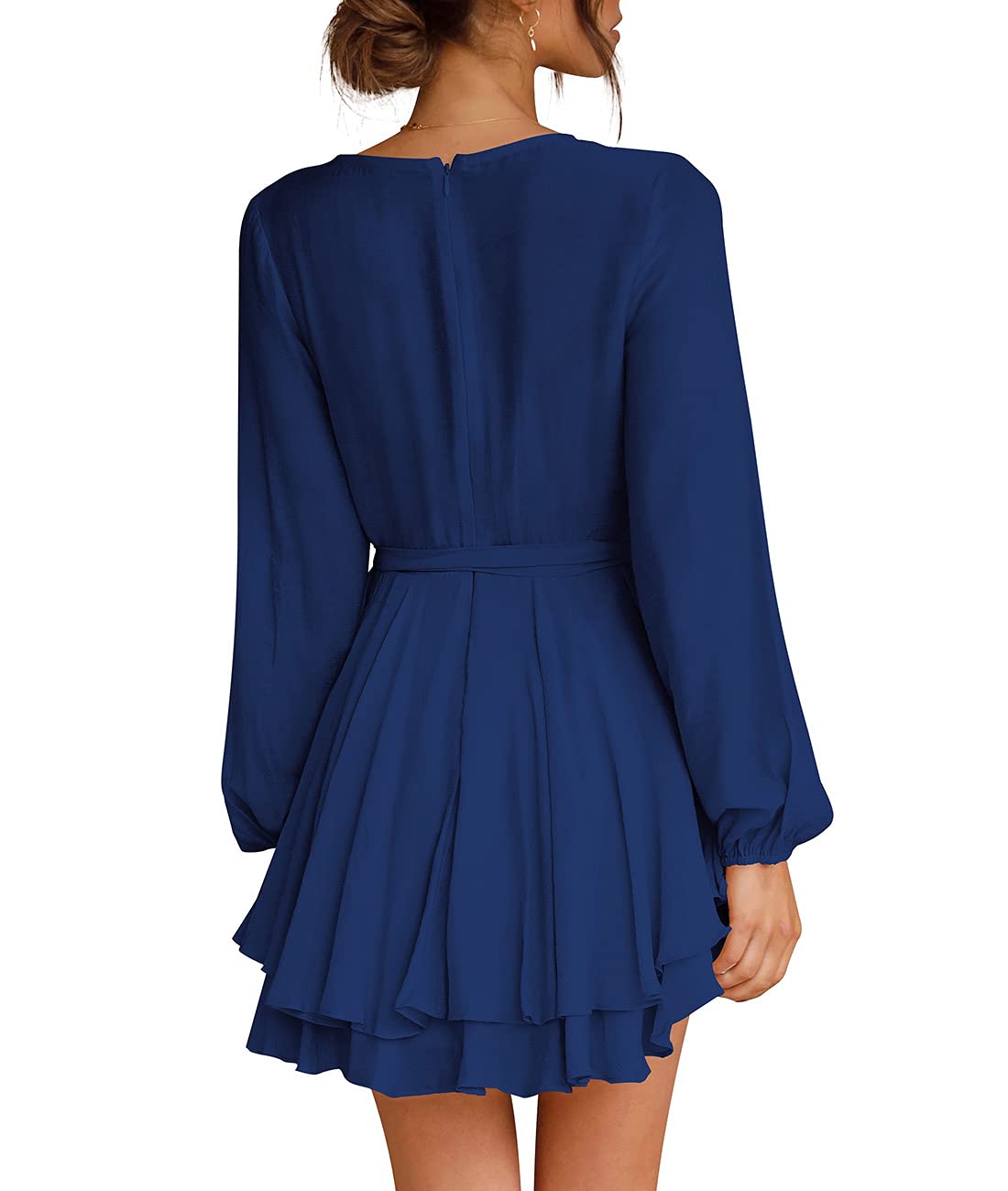 Women's V Neck Cross Strap Long Sleeve Waist Tie Ruffle Slimming Casual Swing Skater Dress