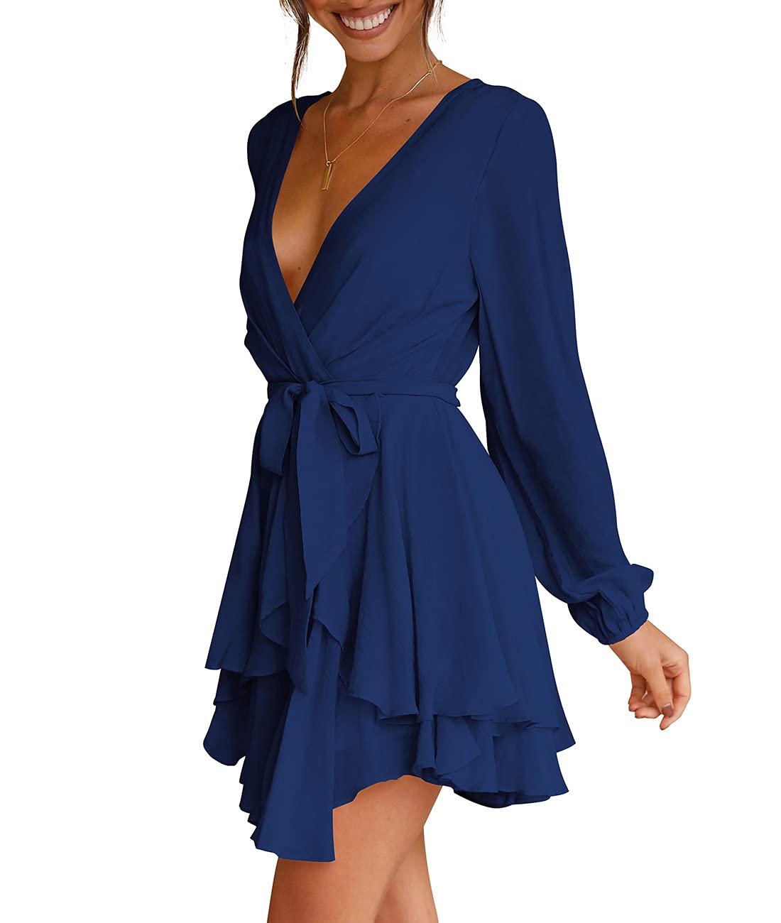 Women's V Neck Cross Strap Long Sleeve Waist Tie Ruffle Slimming Casual Swing Skater Dress