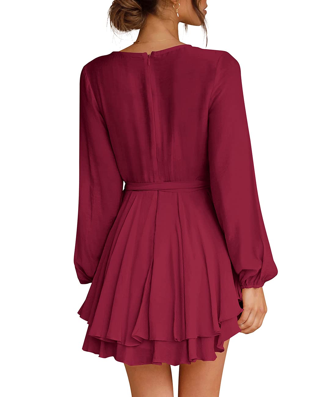 Women's V Neck Cross Strap Long Sleeve Waist Tie Ruffle Slimming Casual Swing Skater Dress