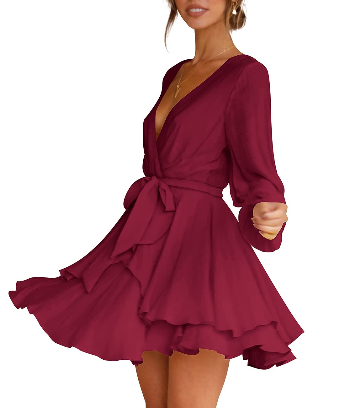 Women's V Neck Cross Strap Long Sleeve Waist Tie Ruffle Slimming Casual Swing Skater Dress