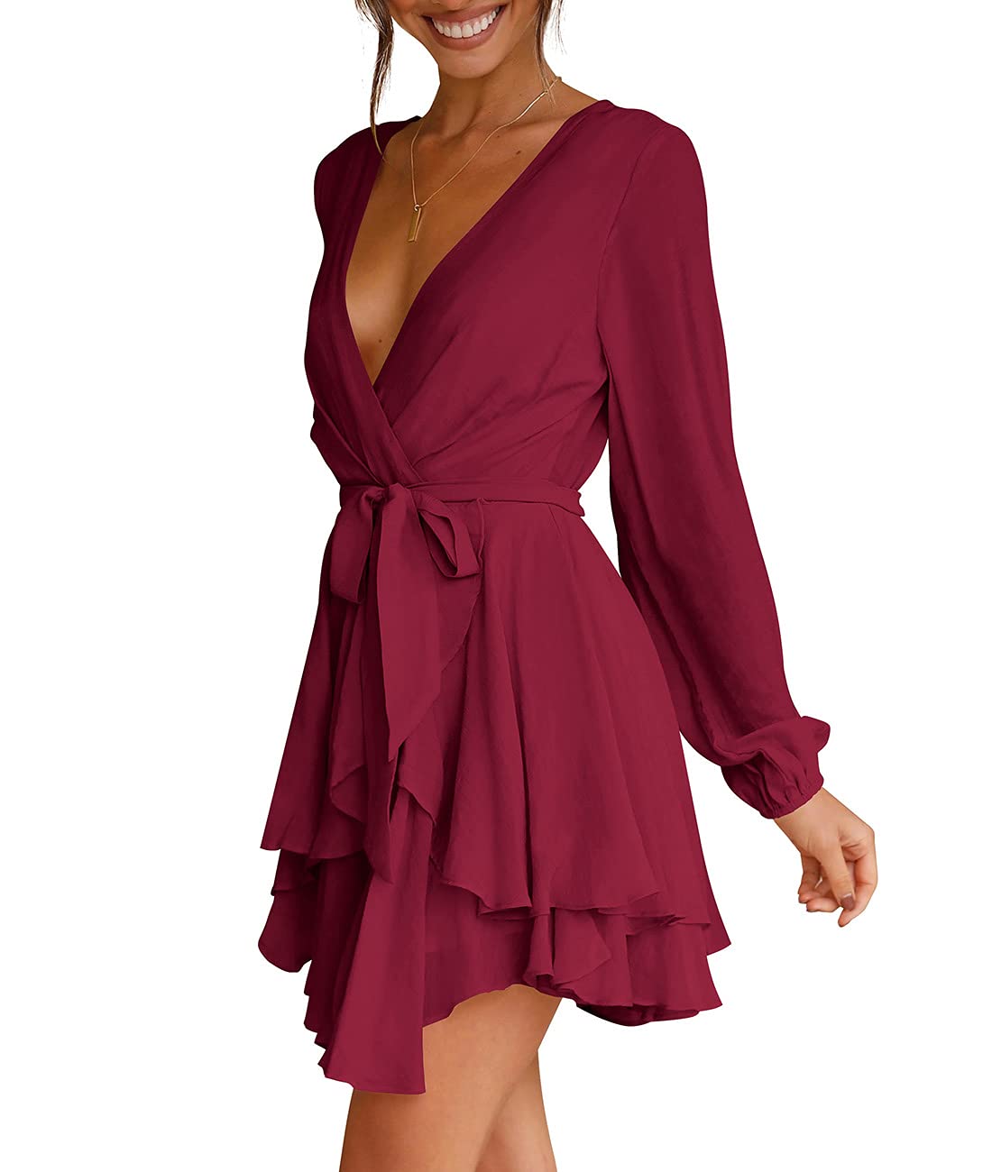 Women's V Neck Cross Strap Long Sleeve Waist Tie Ruffle Slimming Casual Swing Skater Dress