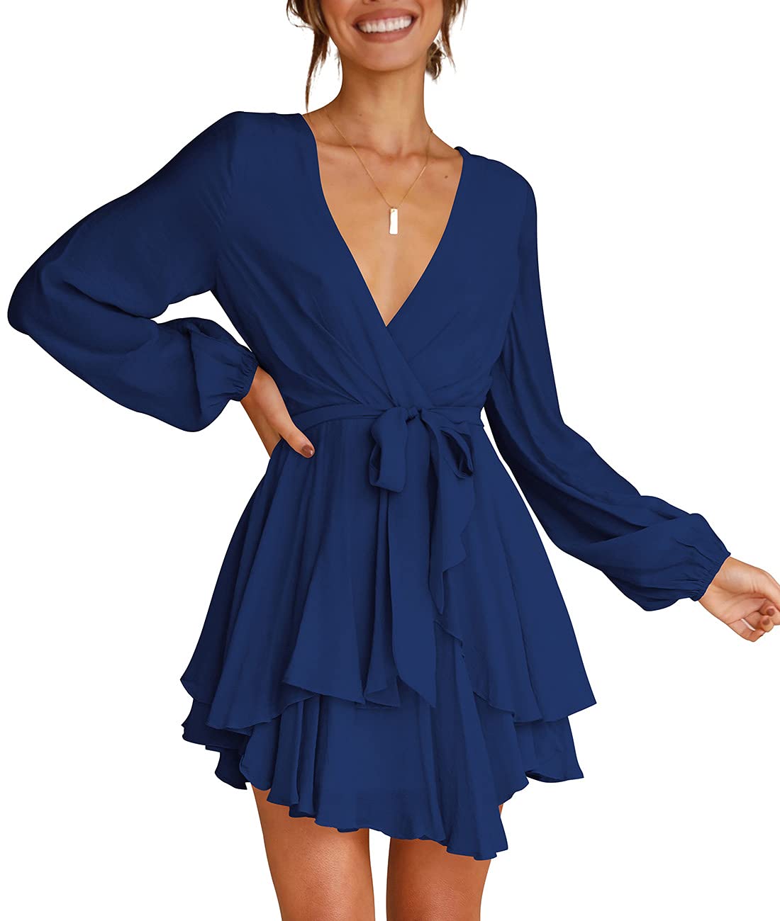 Women's V Neck Cross Strap Long Sleeve Waist Tie Ruffle Slimming Casual Swing Skater Dress