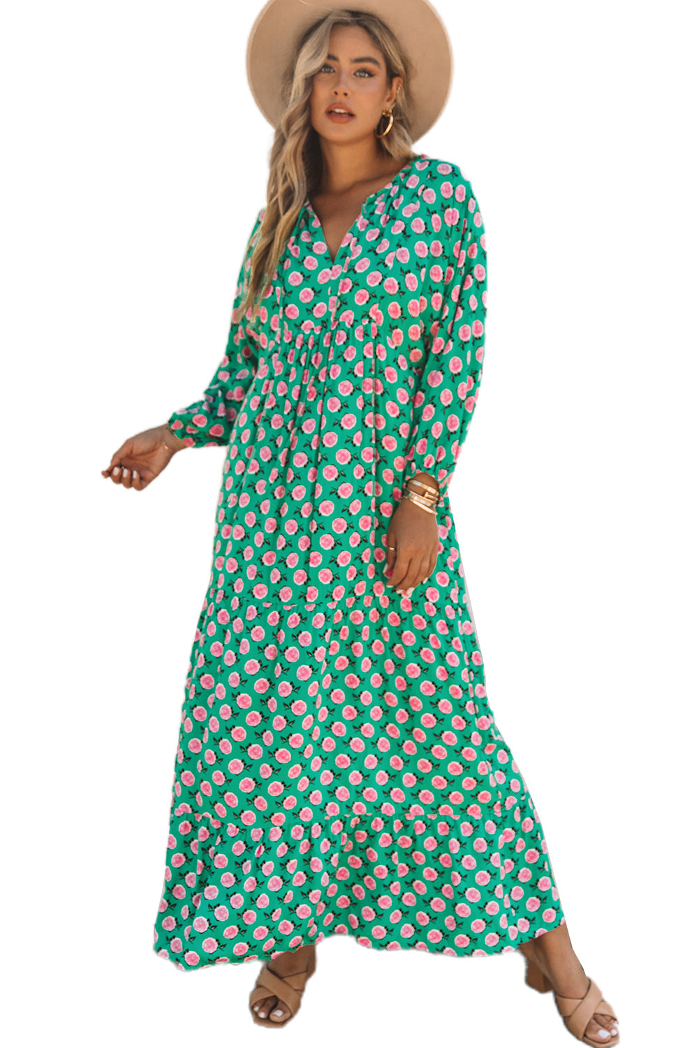 Women's V Neck Green 3/4 Sleeve Rose Floral Maxi Dress