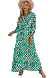 Women's V Neck Green 3/4 Sleeve Rose Floral Maxi Dress