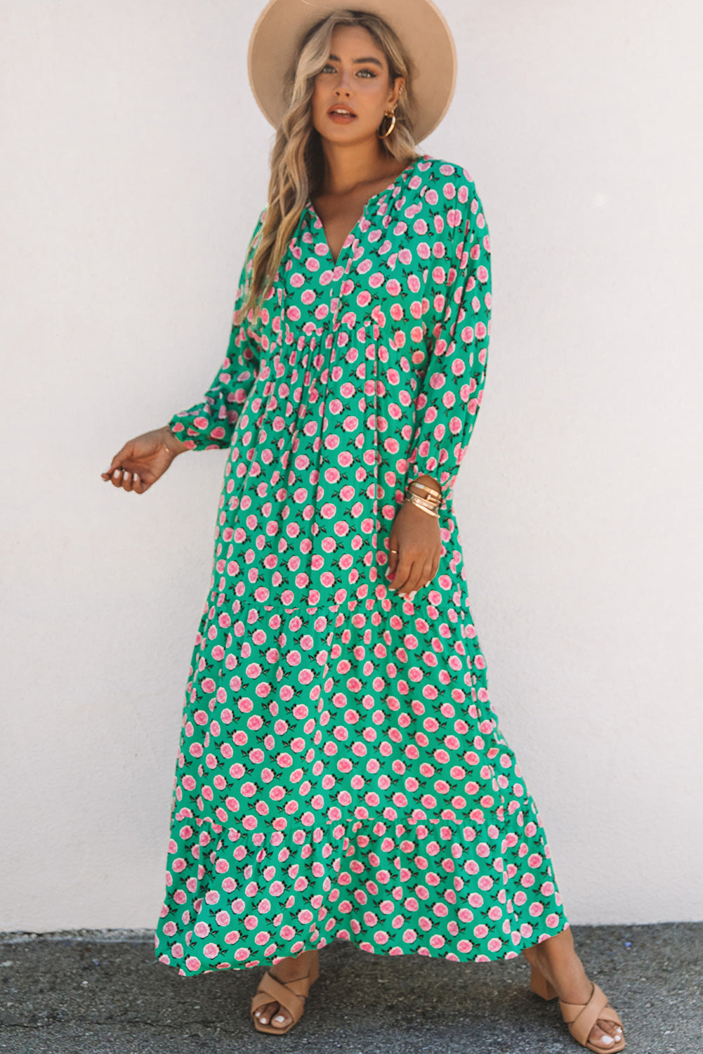 Women's V Neck Green 3/4 Sleeve Rose Floral Maxi Dress