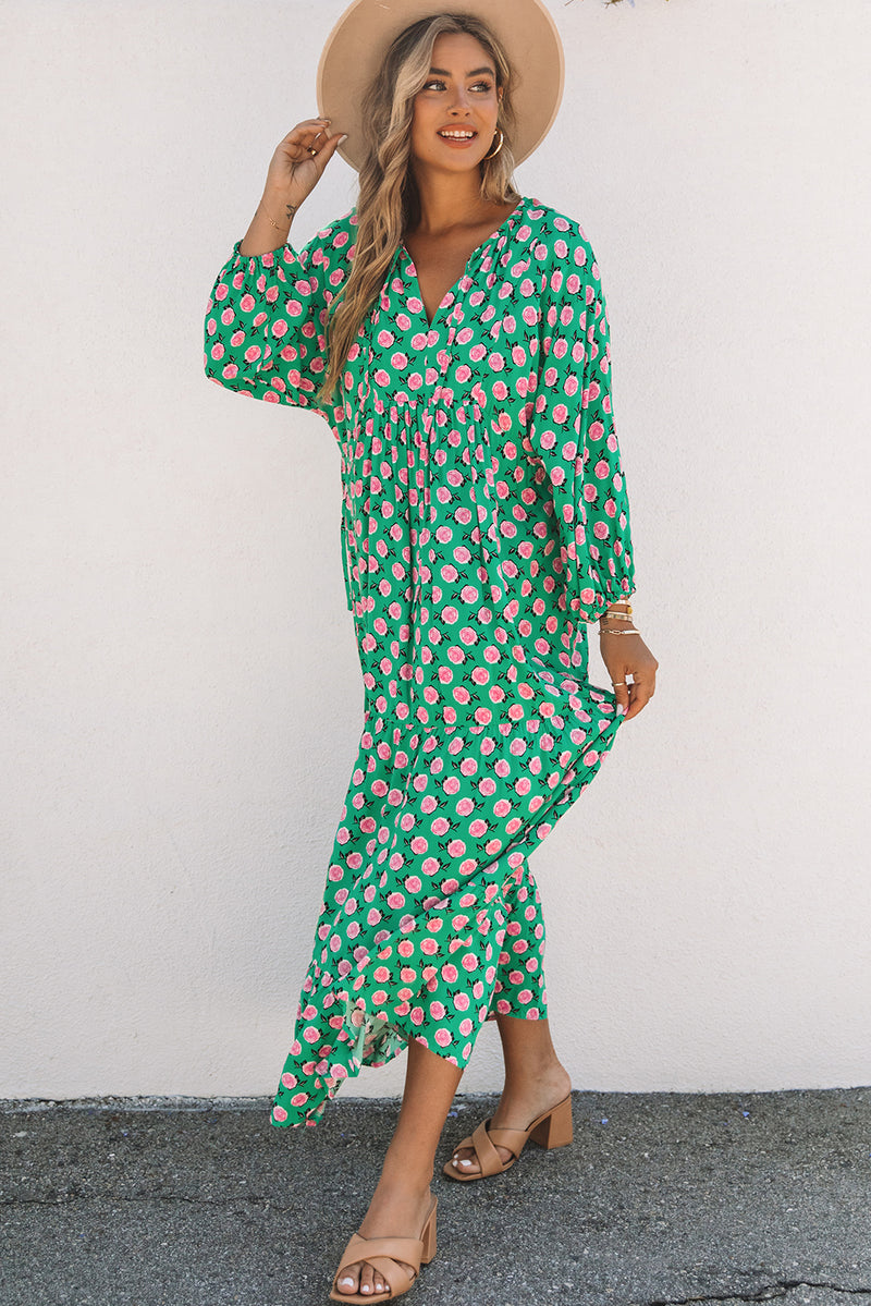 Women's V Neck Green 3/4 Sleeve Rose Floral Maxi Dress