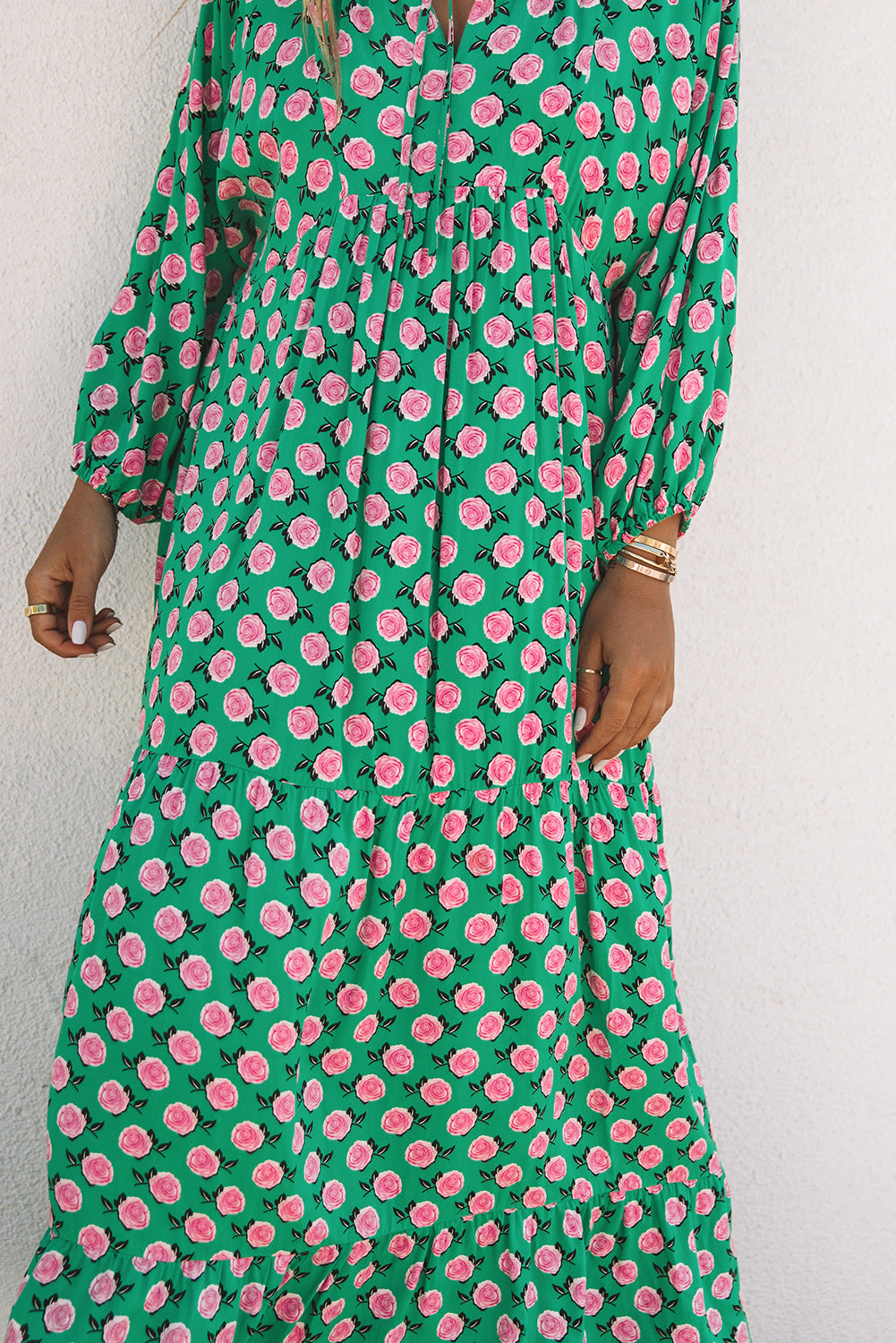 Women's V Neck Green 3/4 Sleeve Rose Floral Maxi Dress