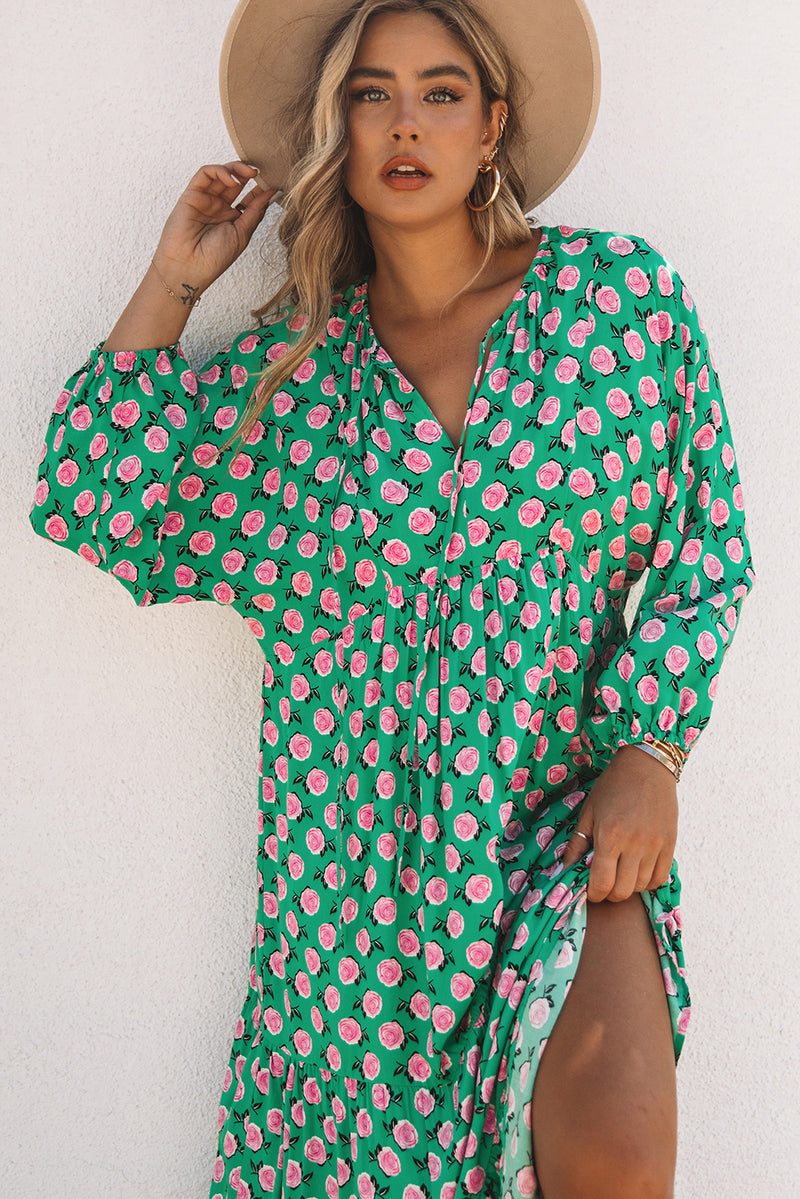 Women's V Neck Green 3/4 Sleeve Rose Floral Maxi Dress