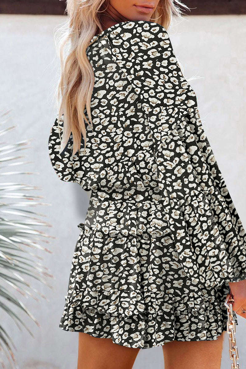 Women's V Neck Puff Sleeves Floral Tunic Dress Loose Fit with Tunic Waist Design