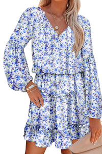 Women's V Neck Puff Sleeves Floral Tunic Dress Loose Fit with Tunic Waist Design