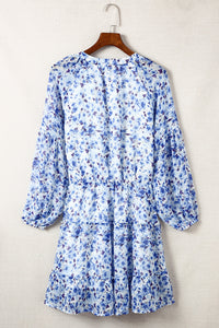 Women's V Neck Puff Sleeves Floral Tunic Dress Loose Fit with Tunic Waist Design