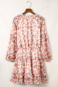 Women's V Neck Puff Sleeves Floral Tunic Dress Loose Fit with Tunic Waist Design