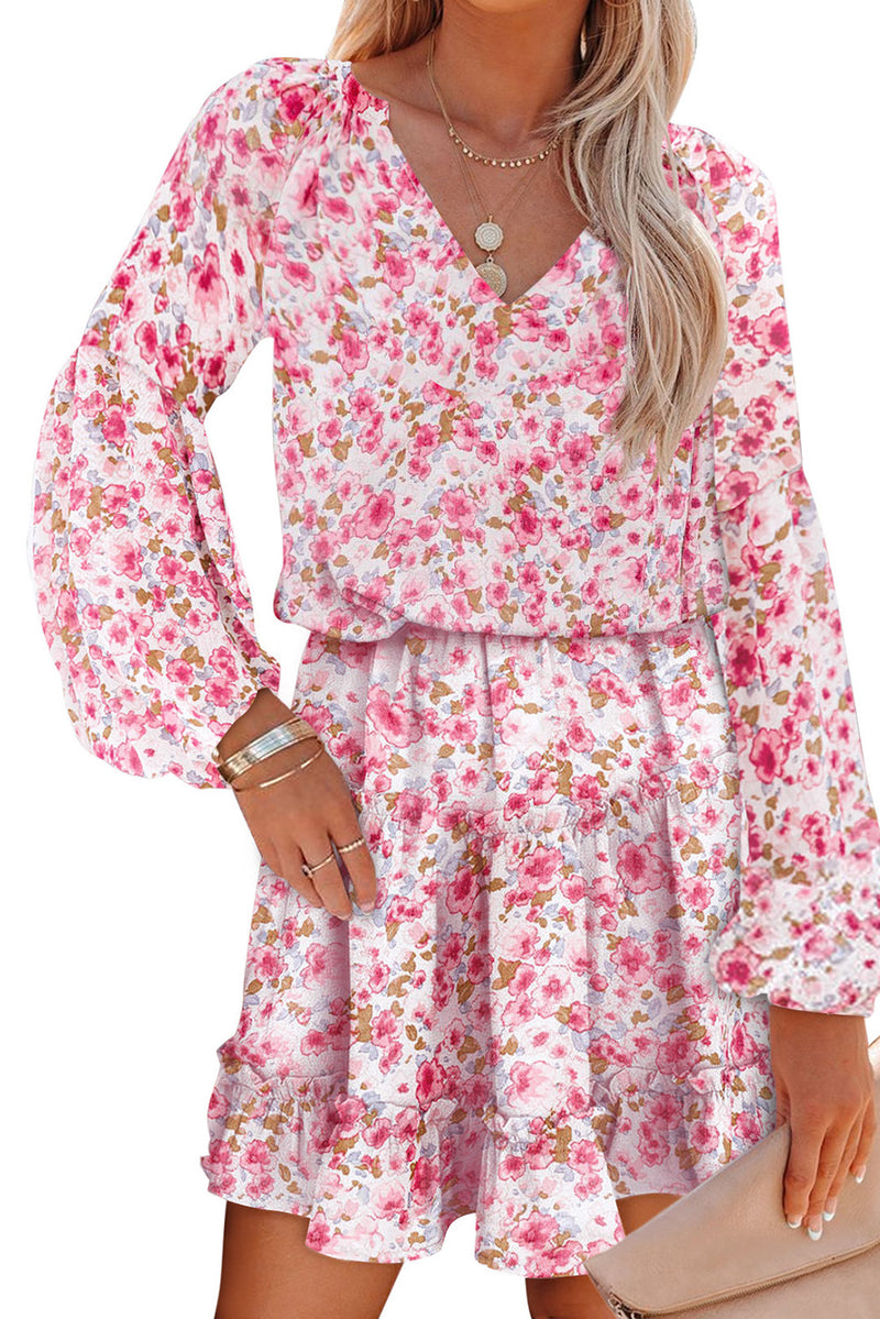 Women's V Neck Puff Sleeves Floral Tunic Dress Loose Fit with Tunic Waist Design