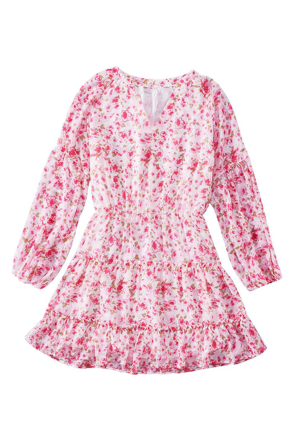 Women's V Neck Puff Sleeves Floral Tunic Dress Loose Fit with Tunic Waist Design