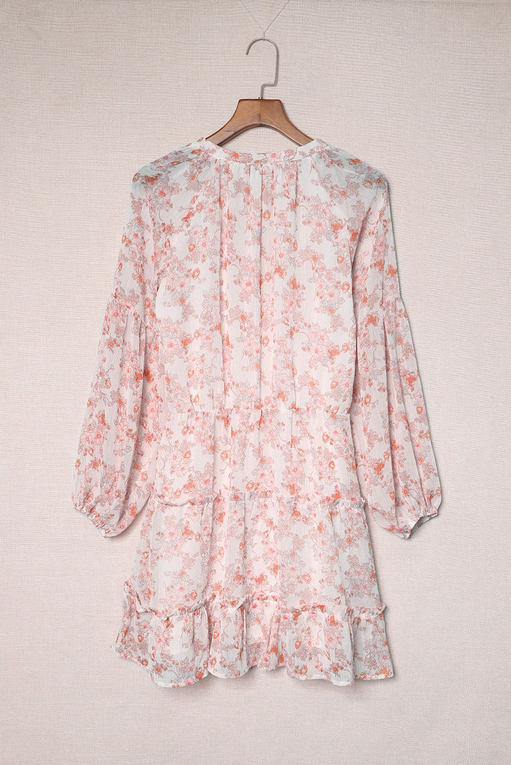 Women's V Neck Puff Sleeves Floral Tunic Dress Loose Fit with Tunic Waist Design