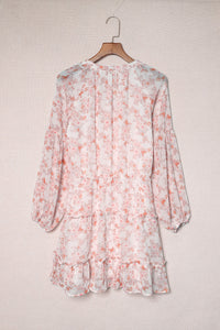 Women's V Neck Puff Sleeves Floral Tunic Dress Loose Fit with Tunic Waist Design