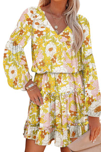 Women's V Neck Puff Sleeves Floral Tunic Dress Loose Fit with Tunic Waist Design