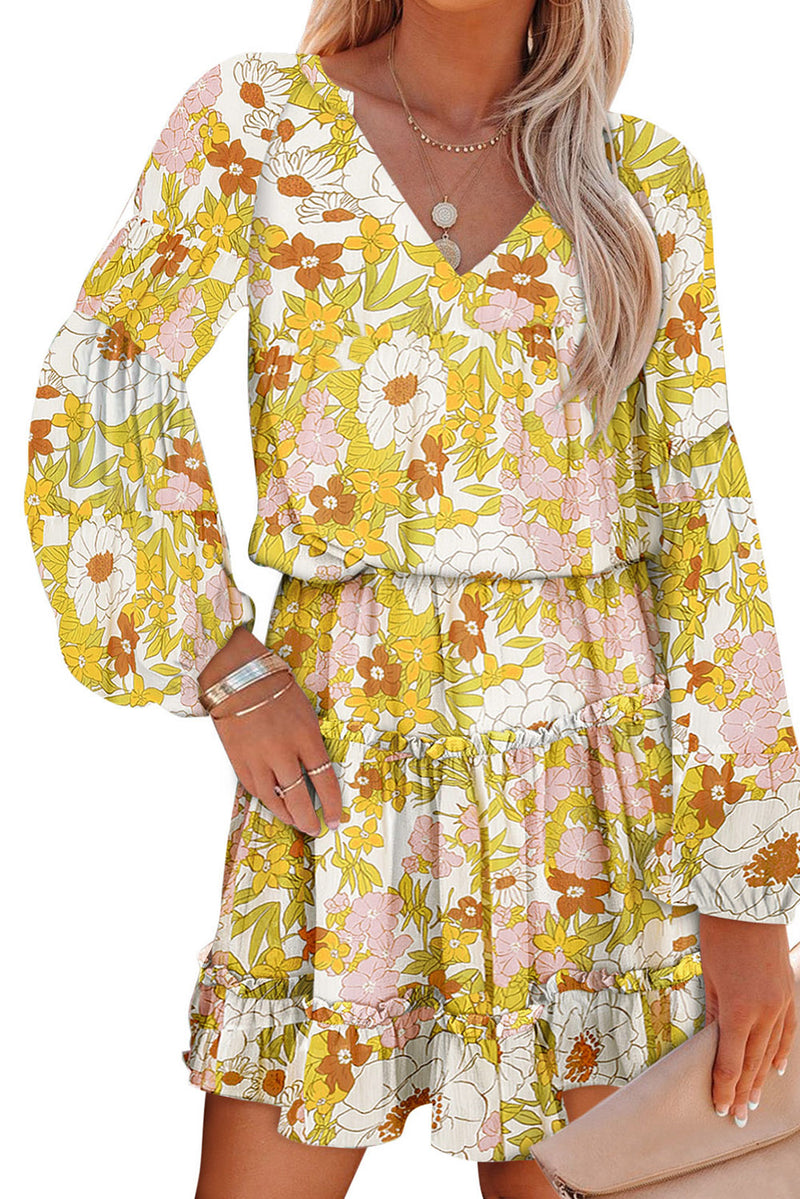 Women's V Neck Puff Sleeves Floral Tunic Dress Loose Fit with Tunic Waist Design