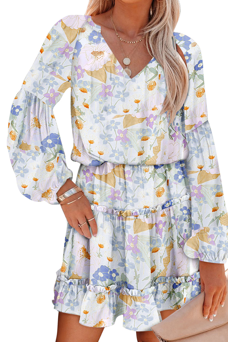 Women's V Neck Puff Sleeves Floral Tunic Dress Loose Fit with Tunic Waist Design