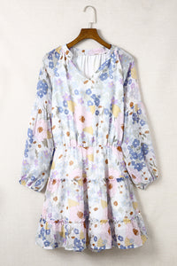 Women's V Neck Puff Sleeves Floral Tunic Dress Loose Fit with Tunic Waist Design