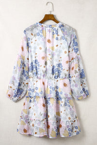 Women's V Neck Puff Sleeves Floral Tunic Dress Loose Fit with Tunic Waist Design