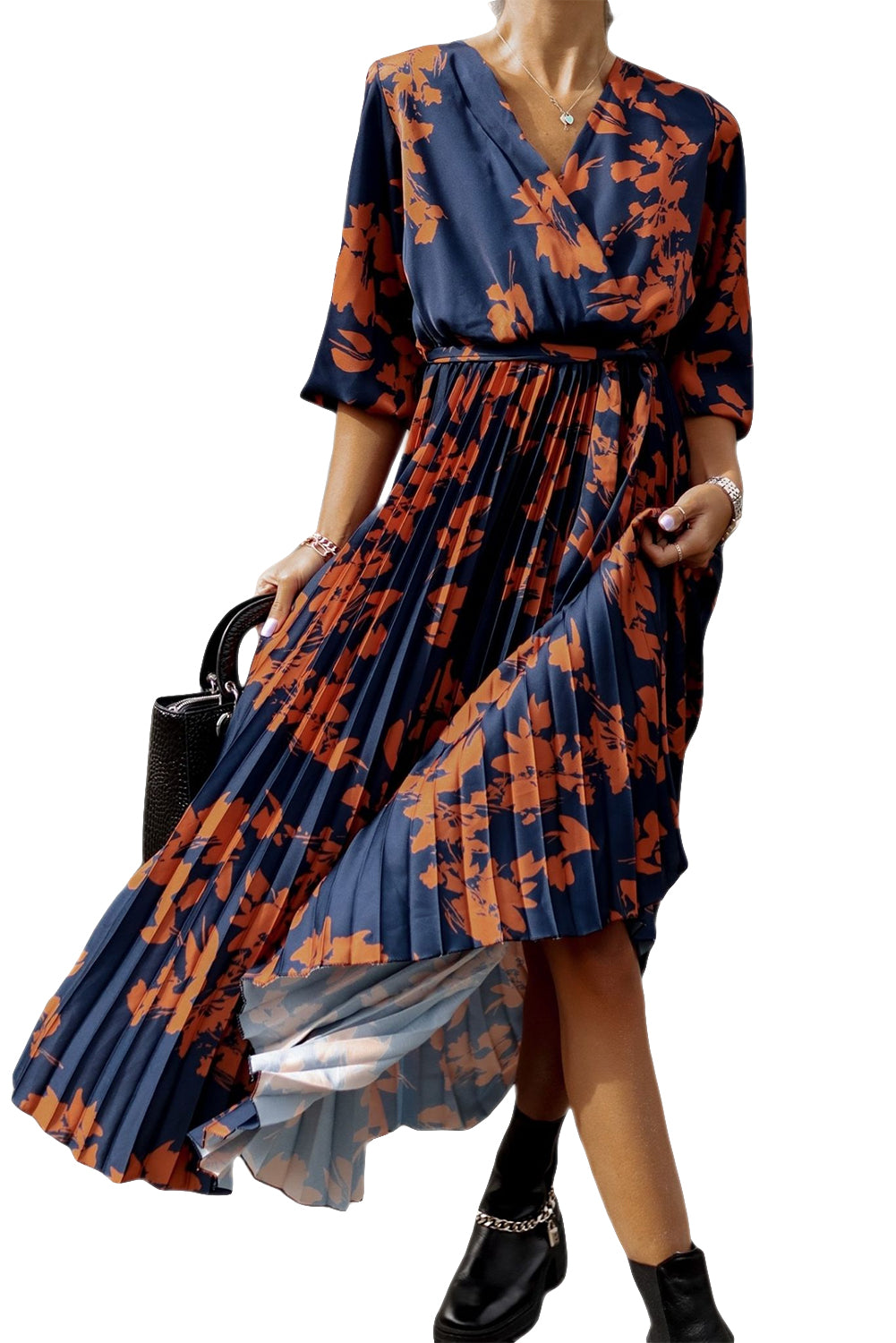 Women's V Neck Wrap Half Sleeve High Waist Pleated Floral Maxi Dress with Tie