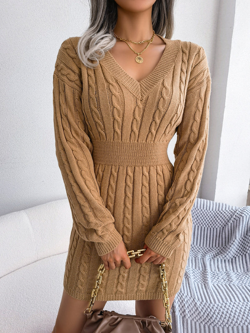 Women's Waist Twist Package Hip Dress V Neck Sweater Dress