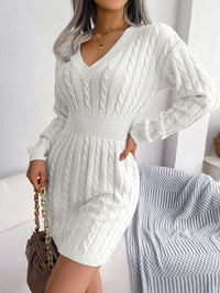 Women's Waist Twist Package Hip Dress V Neck Sweater Dress