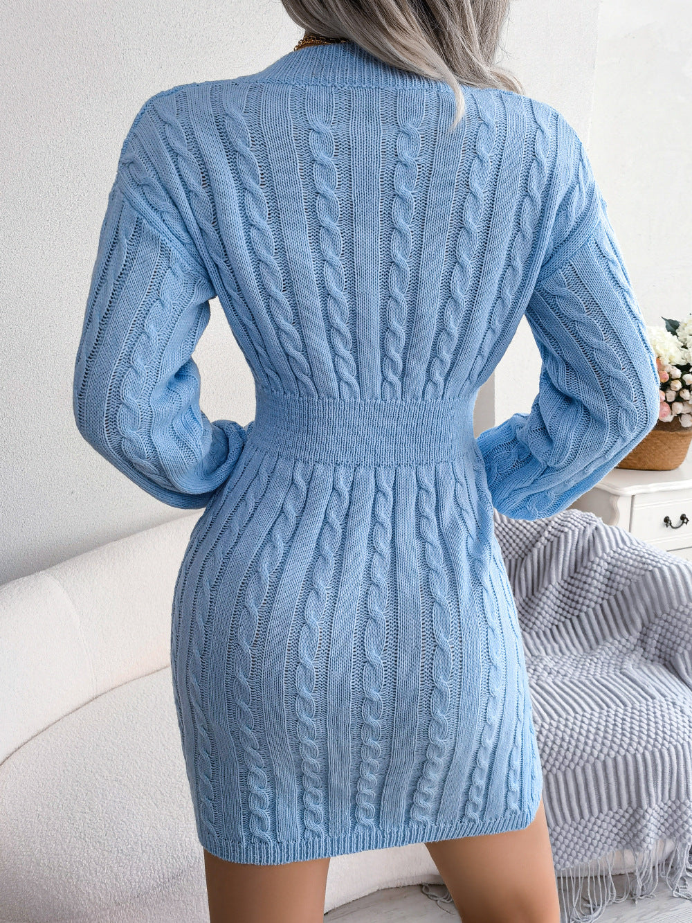 Women's Waist Twist Package Hip Dress V Neck Sweater Dress