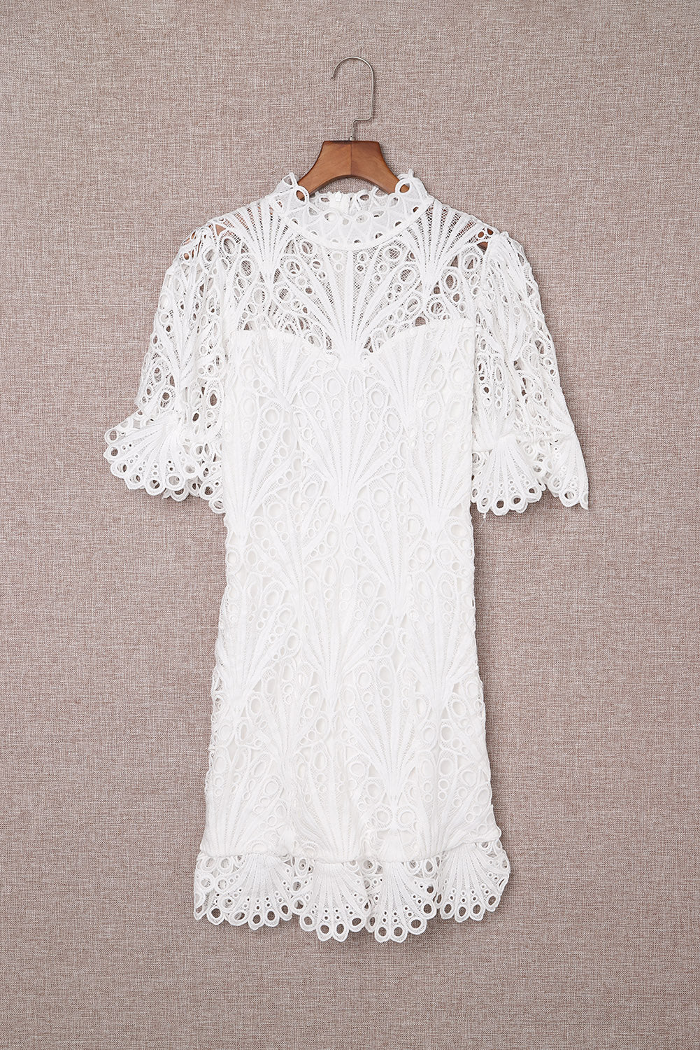 Women's White Cute Crochet Lace Mini Dress Puff Sleeve Mock Neck