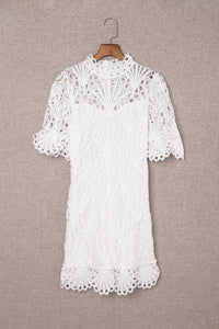 Women's White Cute Crochet Lace Mini Dress Puff Sleeve Mock Neck