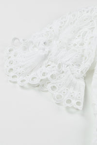 Women's White Cute Crochet Lace Mini Dress Puff Sleeve Mock Neck