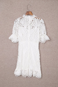 Women's White Cute Crochet Lace Mini Dress Puff Sleeve Mock Neck