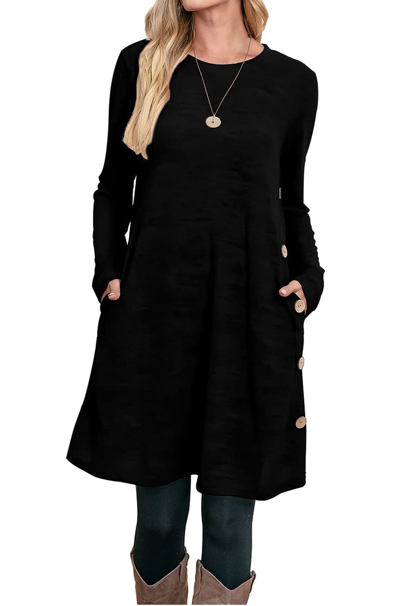 Women's Winter Dress Solid Color Long Sleeve Dress with Pockets Buttons Side